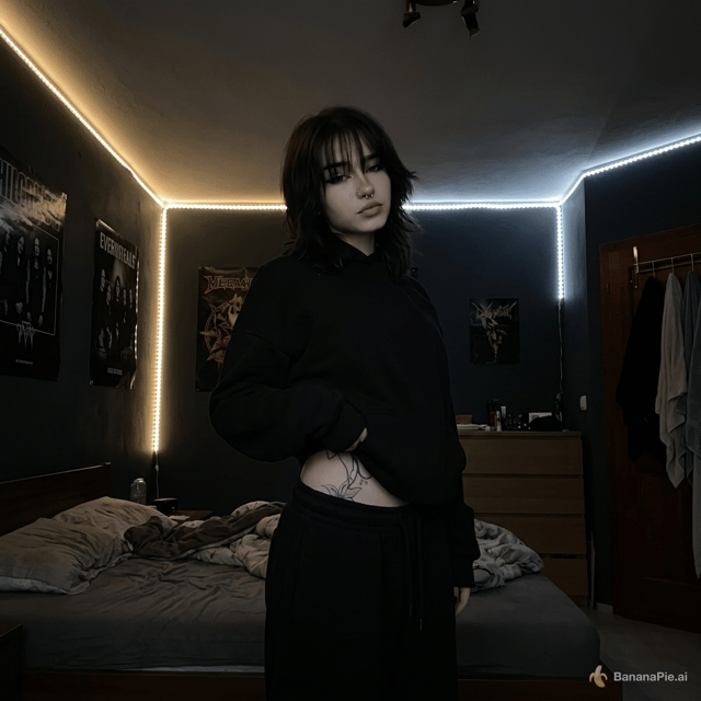 Make her to see the full body or to waist and the foto has to be in her room and its like dark room with white lights