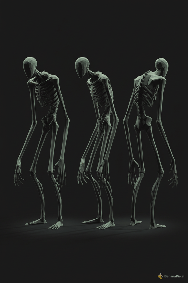 Low-poly stylized horror creature concept, revision of an elongated humanoid,
2.7m tall, emaciated "formerly-human" frame, DISTINCTLY ASYMMETRIC: left arm
visibly ~10% longer and drooping lower (fingertips near the floor), left
shoulder hiked higher than the right, torso twisted, weight pitched forward so
it reads "should not be able to stand but is standing". Limbs too-long too-thin
with EXPLICIT extra joint segments: double elbows and double knees rendered as
angular dislocated fold-broken joints (reverse-folded, bent the wrong way),
NOT ball joints. Six-fingered hands, fingers too long and splayed open. Tiny
featureless head fused into a sloped shoulder ridge with NO face — a hollow /
unreadable shadow where a face should be, no eyes, no expression. Ribcage as
sharp angular fold-line ridges protruding through the torso, slight twist. ALL
edges sharp and faceted, NO smooth curves, NO chibi proportions. Desaturated
near-black cold gray (HSV ~205°, 10%, 10%) with the faintest sickly desaturated
green tint, never alarm red, never high saturation. Single harsh directional
light, hard-edged light pool, rapid falloff into deep black shadow, matte
vertex-color flat style, no PBR, no normal map, no gloss. Full-body turnaround
reference sheet, front/side/back, three-figure reference layout.
--negative: cute, chibi, round, smooth, glossy, symmetric, balanced,
perfectly upright, ball-joint doll, doll-like, realistic skin, PBR, normal map,
cartoon, readable face, expressive eyes, visible face, ornament