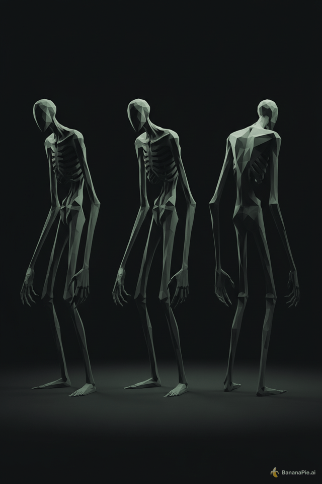 Low-poly stylized horror creature concept, revision of an elongated humanoid,
2.7m tall, emaciated "formerly-human" frame, DISTINCTLY ASYMMETRIC: left arm
visibly ~10% longer and drooping lower (fingertips near the floor), left
shoulder hiked higher than the right, torso twisted, weight pitched forward so
it reads "should not be able to stand but is standing". Limbs too-long too-thin
with EXPLICIT extra joint segments: double elbows and double knees rendered as
angular dislocated fold-broken joints (reverse-folded, bent the wrong way),
protruding as sharp broken-knuckle facets rather than smooth elongated limb
segments. Head: tiny, faceted, angular, fused directly into a sloped shoulder
ridge — NO neck, NO visible smooth ball-shaped head, NO face, only a hollow /
unreadable shadow where a face should be, no eyes, no expression. Six-fingered
hands, fingers too long and splayed open. Ribcage as sharp angular fold-line
ridges protruding through the torso, slight twist. ALL edges sharp and faceted,
NO smooth curves, NO chibi proportions, NO smooth ball-joint head. Desaturated
near-black cold gray (HSV ~205°, 10%, 10%) with the faintest sickly desaturated
green tint, never alarm red, never high saturation. Single harsh directional
light, hard-edged light pool, rapid falloff into deep black shadow, matte
vertex-color flat style, no PBR, no normal map, no gloss. Full-body turnaround
reference sheet, front/side/back, three-figure reference layout.
--negative: cute, chibi, round, smooth, glossy, symmetric, balanced,
perfectly upright, ball-joint doll, doll-like, smooth spherical head, smooth
ball head, smooth elongated limbs, realistic skin, PBR, normal map, cartoon,
readable face, expressive eyes, visible face, ornament