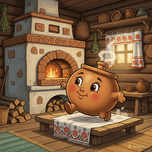Classic Soviet 2D cartoon style. A cozy traditional cottage interior with a clay oven. A cute, chubby clay pot with big kind eyes hops on a hand-embroidered towel, winking.