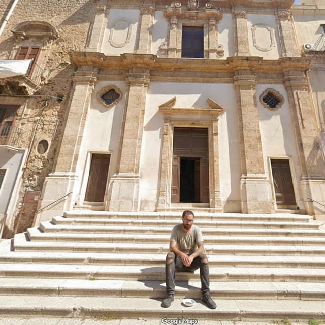 elimina tutti i loghi e le scritte lasciando solo la chiesa con le scalinate in maniera più realistica possibile. E metti il ragazzo della seconda foto seduto sui gradini, mal vestito, con un piattino di plastica davanti con delle monetine, come se chiedesse l'elemosina. rendi il tutto più realistico possibile e tutto proporzionato