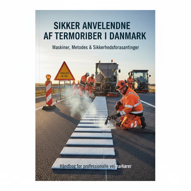 Forside til uddannelsesbog - uden forlag. Gældende for stribeudlægning på asfalt med termoplast i Danmark. Med fokus på sikkerhed. Maskiner. Premark brændt på med gasbrænder. Afspærring og sikkerhed.
