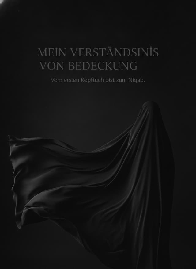 Create a sophisticated, minimalist editorial photograph for an Instagram carousel series about Islamic modesty and the gradual understanding of hijab and niqab.
A nearly black, matte background with subtle natural grain and very low contrast. A large, heavy piece of flowing black fabric moves horizontally across the entire composition from left to right. On the left side, the fabric is loose, soft and slightly open, with visible folds and negative space. As it moves toward the center, the fabric gradually becomes denser and more layered. On the right side, it forms an almost continuous dark silhouette, subtly suggesting the shape of a fully covered Muslim woman without clearly depicting a person.
The human figure must remain extremely subtle and almost abstract. No face, no eyes, no hands, no visible skin, no identifiable person. If a feminine silhouette is suggested, she must be completely covered in a simple black jilbab and niqab and shown only from behind or as an indistinct silhouette.
The visual concept should symbolize an evolving understanding of modesty and covering, not a before-and-after transformation. The image should feel contemplative, serious, quiet and intellectually thought-provoking.
Color palette: almost entirely black, charcoal and very dark grey, with extremely subtle tonal differences. No bright colors, no beige, no gold, no decorative Islamic patterns.
Lighting: dramatic but extremely soft, with a faint directional light revealing only the texture and folds of the fabric. Deep shadows, cinematic atmosphere, understated contrast.
Composition: clean, spacious and minimalist, with a large amount of intentional negative space in the upper and central area for typography. The fabric should remain primarily in the lower and middle portion of the composition.
No mosque, no Quran, no Arabic calligraphy, no crescent moon, no flowers, no jewelry, no ornaments, no modern fashion elements, no background scenery, no objects.
High-end editorial photography, conceptual art direction, museum-like minimalism, subtle film grain, realistic fabric texture, sophisticated visual storytelling, emotionally restrained, timeless, powerful through simplicity.
Vertical 4:5 Instagram composition, designed as a recurring series cover. Leave sufficient clean negative space for the title:
“MEIN VERSTÄNDNIS VON BEDECKUNG”
and a small subtitle:
“Vom ersten Kopftuch bis zum Niqab.”
