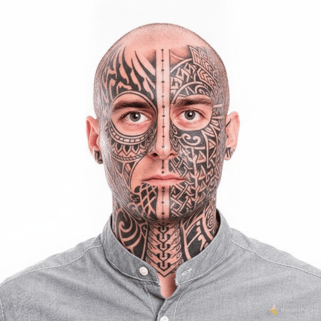 for this image, I need to give me the exact same image, so just edit this original image, and put realistic tattoos on her face that cover 70% of her face. do not enhance the image, just add the tattoos