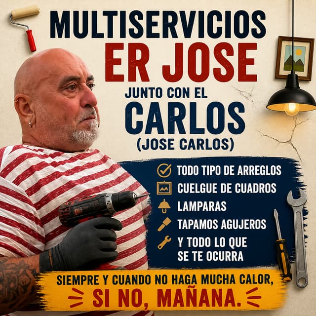 MULTISERVICIOS ER JOSE JUNTO CON EL CARLOS (JOSE CARLOS), TODO TIPO DE ARREGLOS, CUELGUE DE CUADROS, LAMPARAS, TAPAMOS AGUJEROS Y TODO LO QUE SE TE OCURRA, SIEMPRE Y CUANDO NO HAGA MUCHA CALOR, SI NO, MAÑANA.