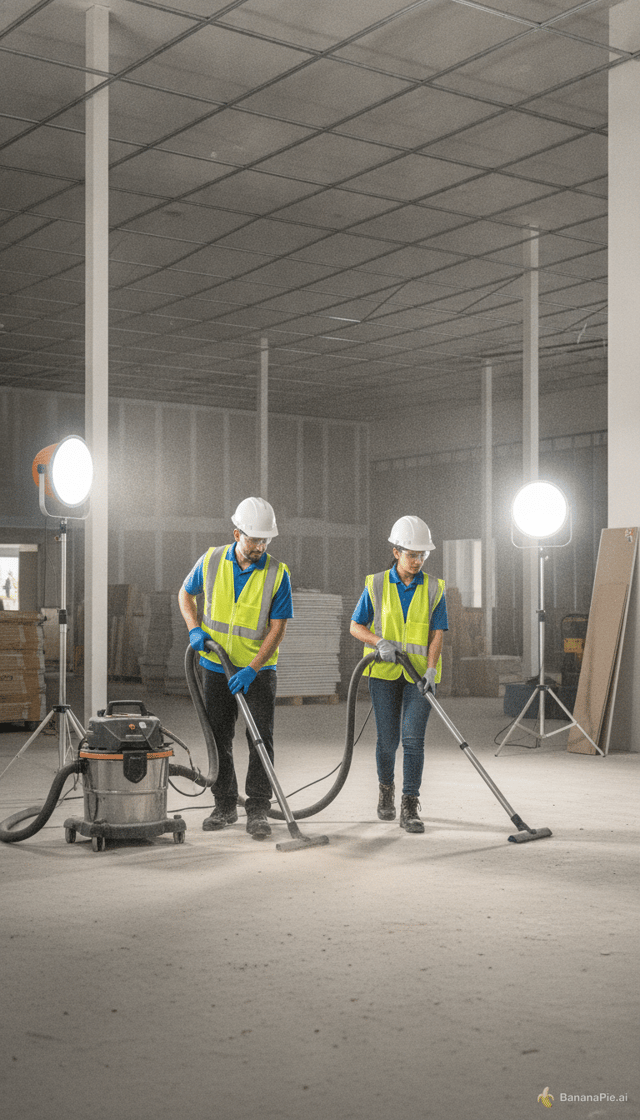 Ultra-realistic cinematic vertical reel (9:16), 10 seconds duration, designed for social media advertising.
2
3
Scene location: modern office building and commercial premises under construction. Bright professional environment, clean, realistic workplace.
4
5
Characters:
6
One Latino man and one Latina woman, age 30-45, professional cleaners with realistic Latin American features. They wear appropriate professional uniforms and PPE according to the machinery used: safety footwear, gloves, protective glasses and hearing protection where necessary.
7
8
Video sequence (10 seconds):
9
10
0-2 seconds:
11
Close-up of an industrial floor scrubber machine starting up. Dynamic camera movement. Professional cleaning equipment in action.
12
13
2-5 seconds:
14
The Latino man operates a professional floor scrubber across a large office floor. The Latina woman cleans glass walls and surfaces using professional cleaning tools. Fast-paced commercial editing.
15
16
5-8 seconds:
17
Transition to a commercial space under construction. Both professionals work efficiently with industrial vacuum cleaners and cleaning equipment, preparing the premises for opening.
18
19
8-10 seconds:
20
Wide cinematic shot of the finished spotless space. Shiny floors, clean surfaces. The man and woman stand confidently beside the professional machinery, smiling proudly at the camera.
21
22
Visual style:
23
Premium corporate advertisement, cinematic quality, ultra-realistic, professional training promotion, inspiring employment opportunity.
24
25
Camera:
26
Smooth tracking shots, close-ups of machinery, detailed cleaning actions, shallow depth of field, dynamic transitions, energetic pacing.
27
28
Lighting:
29
Natural bright lighting, realistic reflections, professional commercial look.
30
31
Quality:
32
4K ultra HD, photorealistic, highly detailed faces, realistic human movements, realistic PPE, sharp focus.
33
34
Mood:
35
Motivational, professional, trustworthy, career growth, employment-focused.
36
37
No logos, no watermark, no text overlays, no animation, no cartoon style, no unrealistic faces, no distorted hands, no blurred machinery, no low-quality rendering.