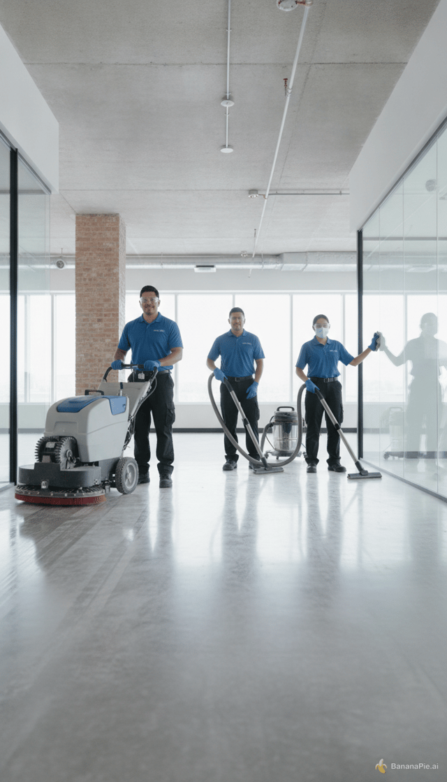 Ultra-realistic cinematic vertical reel (9:16), 10 seconds duration, designed for social media advertising.
2
3
Scene location: modern office building and commercial premises under construction. Bright professional environment, clean, realistic workplace.
4
5
Characters:
6
One Latino man and one Latina woman, age 30-45, professional cleaners with realistic Latin American features. They wear appropriate professional uniforms and PPE according to the machinery used: safety footwear, gloves, protective glasses and hearing protection where necessary.
7
8
Video sequence (10 seconds):
9
10
0-2 seconds:
11
Close-up of an industrial floor scrubber machine starting up. Dynamic camera movement. Professional cleaning equipment in action.
12
13
2-5 seconds:
14
The Latino man operates a professional floor scrubber across a large office floor. The Latina woman cleans glass walls and surfaces using professional cleaning tools. Fast-paced commercial editing.
15
16
5-8 seconds:
17
Transition to a commercial space under construction. Both professionals work efficiently with industrial vacuum cleaners and cleaning equipment, preparing the premises for opening.
18
19
8-10 seconds:
20
Wide cinematic shot of the finished spotless space. Shiny floors, clean surfaces. The man and woman stand confidently beside the professional machinery, smiling proudly at the camera.
21
22
Visual style:
23
Premium corporate advertisement, cinematic quality, ultra-realistic, professional training promotion, inspiring employment opportunity.
24
25
Camera:
26
Smooth tracking shots, close-ups of machinery, detailed cleaning actions, shallow depth of field, dynamic transitions, energetic pacing.
27
28
Lighting:
29
Natural bright lighting, realistic reflections, professional commercial look.
30
31
Quality:
32
4K ultra HD, photorealistic, highly detailed faces, realistic human movements, realistic PPE, sharp focus.
33
34
Mood:
35
Motivational, professional, trustworthy, career growth, employment-focused.
36
37
No logos, no watermark, no text overlays, no animation, no cartoon style, no unrealistic faces, no distorted hands, no blurred machinery, no low-quality rendering.