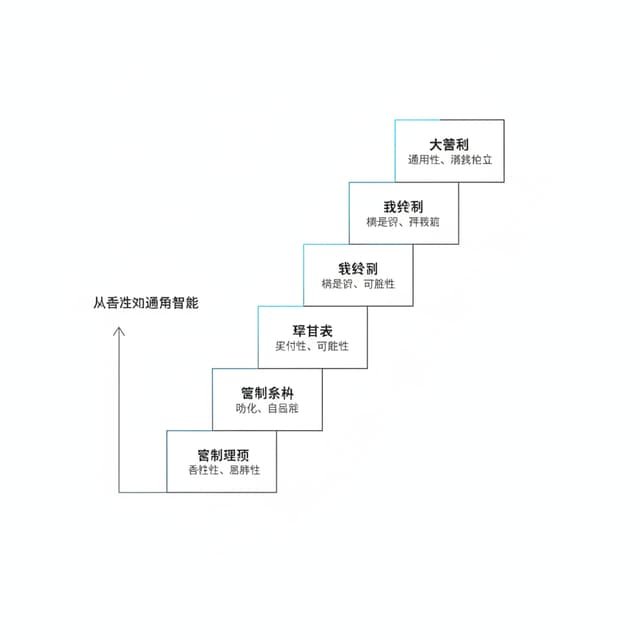 五层阶梯架构图
极简扁平化技术信息图，竖向五层阶梯从下到上排列，黑白灰主色调加浅科技蓝点缀，纯细线条设计，无渐变无 3D 效果无多余装饰。每层台阶内标注对应领域：控制理论、控制算法、嵌入式、机器学习、大模型，旁边小字标注核心命题。左侧一根细箭头贯穿五层向上，上方标注文字「从稳定到通用智能」。画面留白充足，排版克制，符合技术博客插图风格。