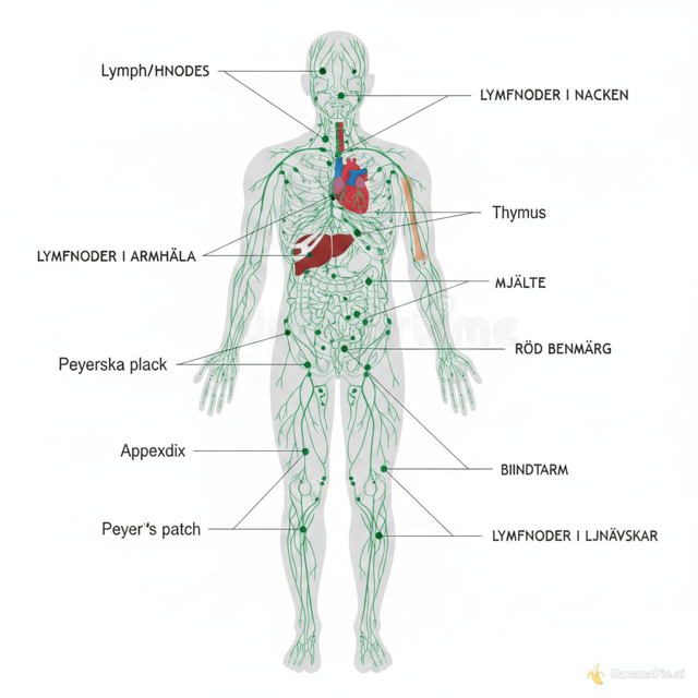 I would like a picture of the human lymphatic system and the lymphatic organs. All organs with name tags in swedish