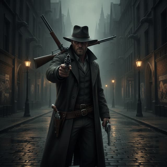 Portrait is in a landscape format - a 1930's Boston streets. atmosphere is gothic and neo-noir. gunslinger with trench coat and fedora hat. the gunslinger is holding a 30-30 lever action Winchester upon his shoulder. he other hand has a colt revolver pointing at the viewer. the gunslinger is standing in the center of the street. the face is visible. light up by street lights. the gunslinger has 2 more revolvers in his waist belt. the gunslinger has a light beard.