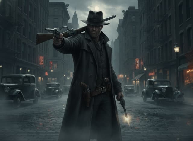 Portrait is in a landscape format - a 1930's Boston streets. atmosphere is gothic and neo-noir. gunslinger with trench coat and fedora hat. the gunslinger is holding a 30-30 lever action Winchester upon his shoulder with one hand. his other hand has a colt revolver pointing at the viewer. the gunslinger is standing in the center of the street. the face is visible. light up by street lights. the gunslinger has 2 more revolvers in his waist belt. the gunslinger has a light beard.