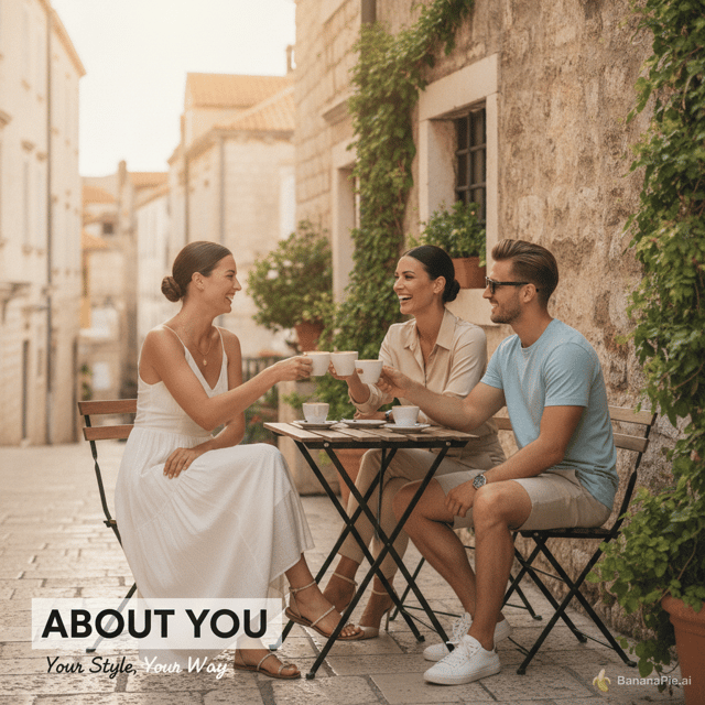create story board and visual reference for a 60 second spec ad for 'About You' Croatia platform. 3 characters, Split city. Highlist products like sunglasses, watch, jewellery, Clothing and shoes.