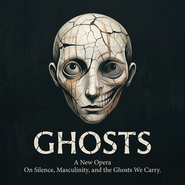 Crea un logo con el título "Ghosts" para la identidad visual de una ópera  con esta sinopsis "In a world not unlike our own, where silence has long been mistaken for strength, men begin to arrive—one by one—at a therapist’s room, drawn by a quiet unrest they can no longer ignore. Each sits on the couch alone: hesitant, resistant, unprepared. But the moment they begin to speak, something shifts. The room fills with presences: ghosts of fathers and sons, of unspoken fears, inherited wounds, and lives half-lived. Each fear, each fracture, each fragile truth takes shape as an abstract apparition—ghosts rendered into shifting forms, elusive and uncanny, as if conjured from the mind itself.  What was meant to be a space of healing becomes a stage where the invisible is made visible, where the past sings, and refuses to be silenced.
As each man confronts what he has buried, the line between memory and reality dissolves. And in this fragile, utopian act—men daring to feel—an unexpected question emerges: What might change, if they truly listened to their ghosts?" basada en los personajes virtuales representados en la estética, el concepto, el simbolismo, los colores y las texturas de la imagen de referencia que representa varios estereotipos psicològicos masculinos.