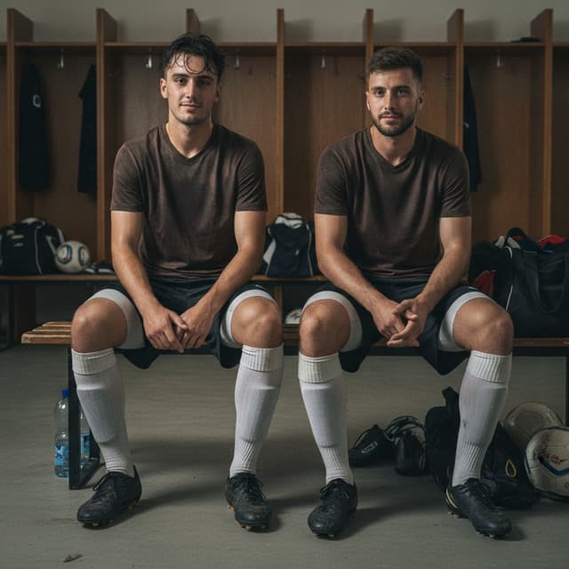Photorealistic full-body photograph of two 20-year-old male soccer players after a soccer match inside a realistic locker room. 

Both players are sitting next to each other on a wooden bench and are fully visible from head to toe. The camera is several meters away. Wide shot, no close-up.

Both players wear dark brown football jerseys and loose short black football shorts. Under the black shorts they wear clearly visible tight light gray compression shorts ending just above the knees.

Both players wear white knee-high football socks made from realistic ribbed fabric and football boots.

The players are slightly sweaty and dirty after the match. Natural skin with visible pores and subtle imperfections. Realistic fabric textures, seams, wrinkles and signs of wear.

One player looks directly at the camera while the other looks slightly toward his teammate.

Realistic locker room cabinets, wooden benches, sports bags and football equipment in the background. Natural lighting, realistic shadows, anatomically correct body proportions, professional sports photography, highly photorealistic.