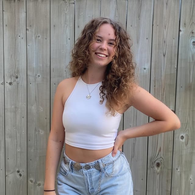 Can you make sure that the arm on the right is on my hip, not behind my back? Leave the rest of the image exactly how it is now