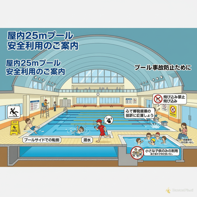 屋内２５mプールでスイミングのレッスンを行っている。レッスン中にプールサイドでの転倒・入退水の事故・溺水・生徒同士の衝突が起こった。