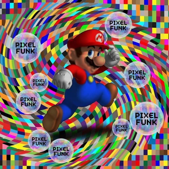 merge them with mario in the midel and around him in rainbow buble righting say pixel funk