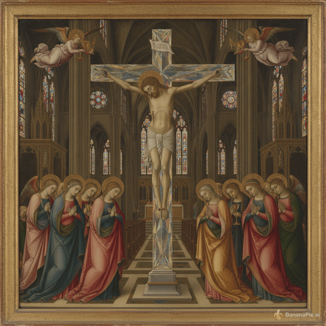 Vorrei vedere un Cristo  crocifisso , incluso  in una croce di cristallo trasparente . Scena ambientata all'interno di una cattedrale gotica  resa come potrebbe essere rappresentata in un dipinto rinascimentale quattrocentesco  italiano