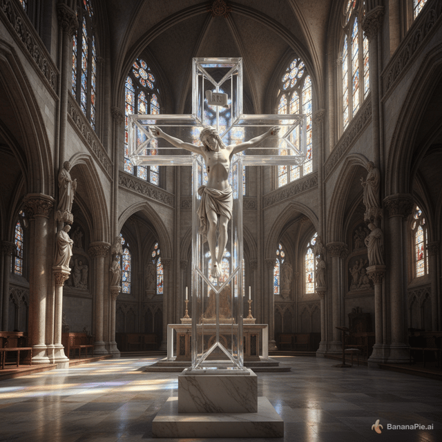 Vorrei vedere un Cristo crocifisso incluso all'interno di una croce di cristallo trasparente . Scena all'interno di una cattedrale gotica rinascimentale
  senza altri personaggi.