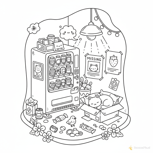 Ilustração de página de colorir em estilo kawaii/chibi, arte em preto e branco apenas com contornos (line art), sem preenchimento de cor, linhas limpas e uniformes estilo 'coloring book'.

Composição: uma cena aconchegante e desordenada de 'beco/canto de rua fofo', mostrando uma máquina de vending machine estilizada com prateleiras de potes e itens dentro, uma luminária pendurada com fio de luzes decorativas, uma pequena nuvem de fumaça/vapor com carinha fofa saindo de cima, uma caixa de papelão aberta com um gatinho fofo espiando de dentro, outro gatinho enrolado dormindo em cima de um travesseiro/almofada, um cartaz de 'MISSING' (desaparecido) com foto de gatinho, um pôster com morango fofo, flores decorativas nos cantos inferiores, um passarinho pequeno no chão, e alguns objetos espalhados (latas, pedras, embrulhos).

Estilo: desenho estilo doodle kawaii coreano/japonês, traços arredondados e fofos, sem sombreamento, fundo branco, tudo em preto sobre branco (apenas contornos, pronto para colorir), nível de detalhe moderado com elementos decorativos pequenos espalhados pela cena, composição centralizada dentro de uma página, com bordas orgânicas irregulares.

Formato: ilustração para livro de colorir infantil/adulto, alta resolução, proporção vertical (retrato)."

Quer que eu ajuste algum detalhe (por exemplo, trocar o tema dos gatinhos por outro animal, ou simplificar a cena)?