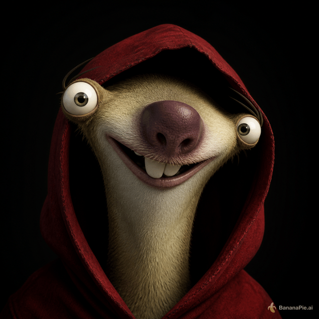 sid the sloth in a red hood with dark background