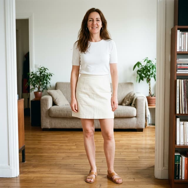 peux-tu me faire une représentation de cette femme debout, en haut blanc et mini jupe courte écrue