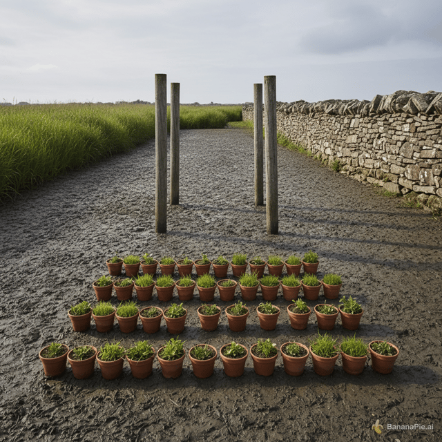 A mud landscape whit 4 poles in a squad shape and below that and 3 rows of pots horizontally with grass on one side and a stone wall on the other side