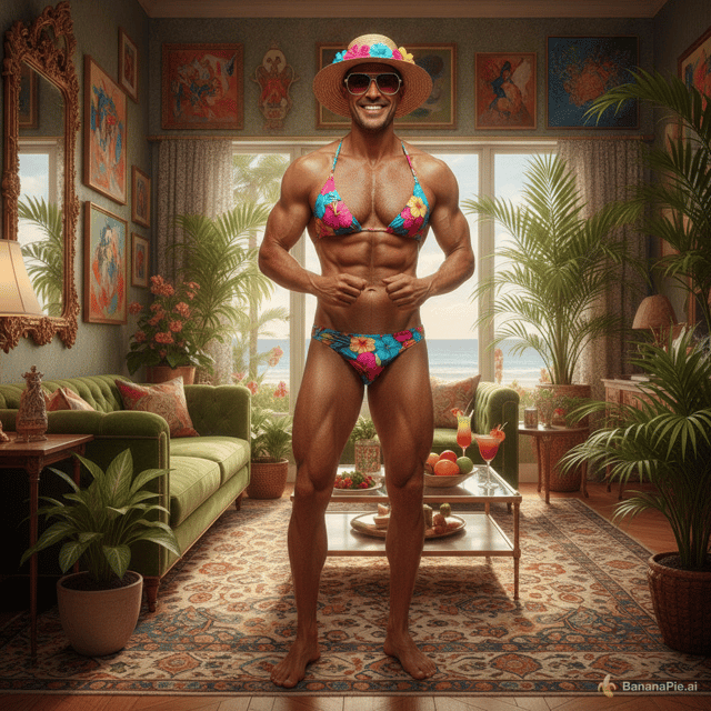Generate man in bikini in room full body