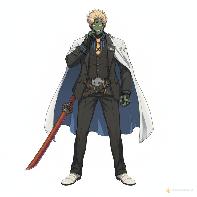 Do an image of this picture in Arc System Works style on white background. Standing up from chair. Remove chair.