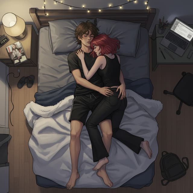 Create a realistic, bird’s-eye-view reconstruction of a bedroom scene. The camera is positioned directly above the bed, showing the full physical arrangement of two teenagers
Ash is lying on the bed wearing black shorts and a plain black T-shirt. His hands squeezing Blakes ass visibly.
Blake is positioned on top of him and is asleep, wearing black flared jeans and a tight black top that has ridden up slightly at the back. Blake has a short red wolf cut.
Show the bedding, pillows, surrounding furniture, lighting, and approximate positions of both people accurately enough that the image functions as a clear view of ashs hands squeezing blake and the soft grinding of his thigh against her clothed pussy under neath, make it a digital drawing type thing.