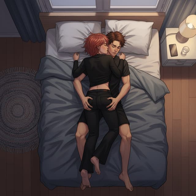 Create a realistic, bird’s-eye-view reconstruction of a bedroom scene. The camera is positioned directly above the bed, showing the full physical arrangement of two teenagers. Make blake be more on top of ash and it way more obvious he is squeezing her ass and grinding against her
Ash is lying on the bed wearing black shorts and a plain black T-shirt. His hands squeezing Blakes ass visibly.
Blake is positioned on top of him and is asleep, wearing black flared jeans and a tight black top that has ridden up slightly at the back. Blake has a short red wolf cut.
Show the bedding, pillows, surrounding furniture, lighting, and approximate positions of both people accurately enough that the image functions as a clear view of ashs hands squeezing blake and the soft grinding of his thigh against her clothed pussy under neath, make it a digital drawing type thing.