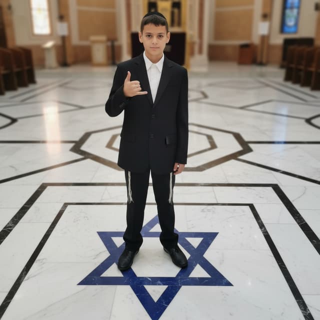 faça esse garoto com a estrela de davi israelita no chão como se fosse lajotas de chão de uma sinagoga, caracterizado de judeu com roupas tipicas