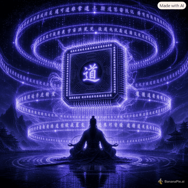 “A lone cultivator silhouette meditating before a massive spiritual artifact shaped like a CPU, floating in violet‑blue astral light. Continuous rings of glowing Dao inscriptions wrap fully around the artifact, forming seamless circular bands with no clipped text. Neon calligraphy flows like digital code, merging ancient Chinese cultivation aesthetics with high‑tech circuitry. Mist, cosmic particles, and energy trails swirl around the scene, creating a dramatic, celestial cultivation atmosphere.”