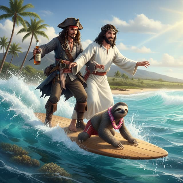 Captain Jack Sparrow, a very handsome Jesus Christ and a three toed sloth surfing in Maui on a summers day