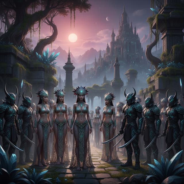 Urzian japanese bikini girls ancient outfit from planet urz realistic similar to humans with urzian warriors realistic year set in 1450 groups girls. Generate image