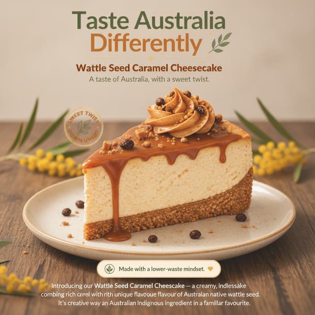 Can you make this Instagram post more realistic and add atleast 1 sentance from each of the catagories below
Wattle Seed Caramel Cheesecake
🌿✨ A taste of Australia, with a sweet twist. ✨🌿
Introducing our Wattle Seed Caramel Cheesecake — a creamy, indulgent cheesecake combining rich caramel with the unique flavour of Australian native wattle seed.
🍰 Why you'll love it:
• Creamy, smooth cheesecake filling
• Rich caramel sauce
• Crunchy caramel pieces for texture
• Native wattle seed for a distinctive Australian flavour
• Finished with an eye-catching, handmade presentation
🌱 Made with sustainability in mind:
Our campaign celebrates Australian native ingredients and encourages the use of locally sourced wattle seed where available. Sustainable or minimal packaging can also be used to reduce unnecessary waste.
💛 Why buy it?
It's more than just dessert — it's a creative way to experience an Australian Indigenous ingredient in a familiar favourite. Perfect for anyone who loves trying something new, supporting native Australian ingredients and enjoying a delicious dessert.
Try a slice. Taste something uniquely Australian. 🇦🇺🌿
#WattleSeed #WattleSeedCheesecake #AustralianNativeFoods #CaramelCheesecake #IndigenousIngredients #AustralianFood #Dessert #SustainableFood
🎯 Target audience
Teenagers and young adults (15–25) who enjoy trying new foods, visually appealing desserts and Australian-inspired products.
📸 Visual direction for your design
Your drawing can be the main image of the Instagram post. I’d place the cheesecake in the centre, with the wattle-seed/caramel pieces clearly visible. Add a short headline over the image such as:
“Taste Australia Differently 🌿”
Then put “Wattle Seed Caramel Cheesecake” underneath in a bold font.
One thing to check for your assessment: only describe the packaging or wattle seed as sustainably sourced/local if that is actually true for your recipe/product. The PDF requires a sustainable feature, but it doesn't specify what your particular sustainable feature must be.