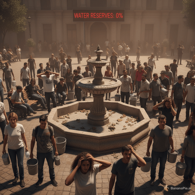 A wide shot of a crowded community square. People look worried, frustrated, and stressed because there is no water left. In the background, there is an empty fountain showing how serious the water shortage has become. A caption reads: “Water Reserves: 0%”. The overall mood is tense, desperate, and hopeless.