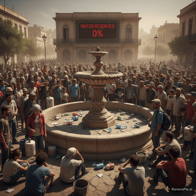 A wide shot of a VERY crowded community square. People look worried, frustrated, and stressed because there is no water left. In the background, there is an empty fountain showing how serious the water shortage has become. A caption reads: “Water Reserves: 0%”. The overall mood is tense, desperate, and hopeless.