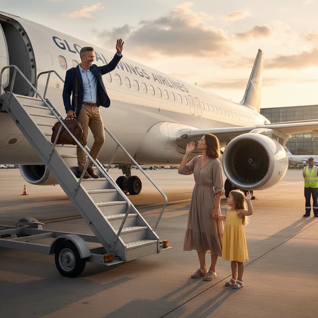 create a picture of a man boarding a commercial plane and he is waving goodbye to his wife