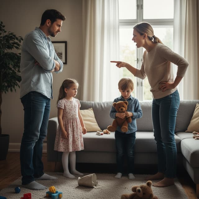husband and wife mad at each other, two children beside them