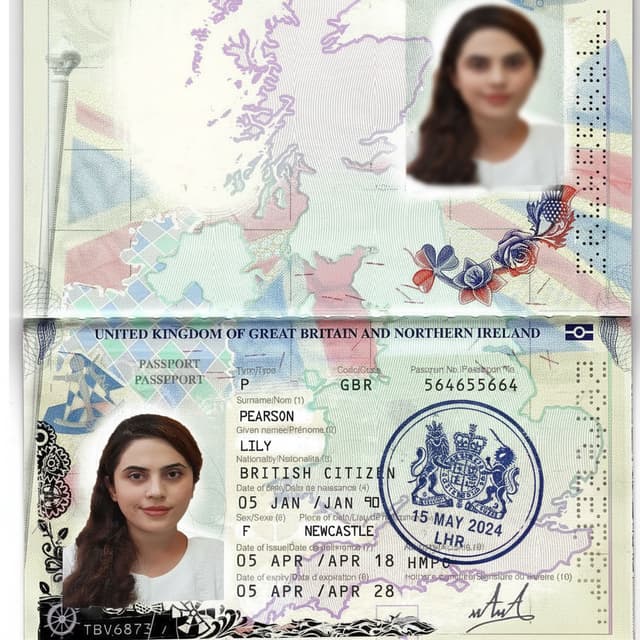 Put the seal of the UK immigration on the second page 
Blur the first person's photo at the top of first page