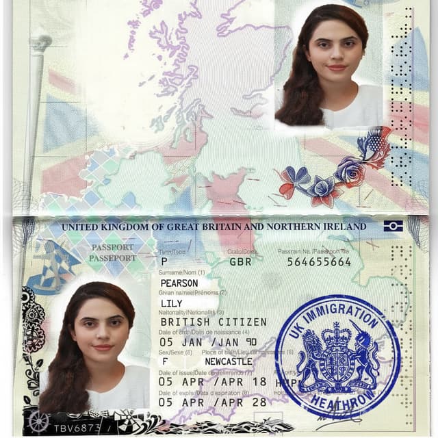 Put the seal of the UK immigration on the second page 
Blur the first person's photo at the top of first page with the date 15 May 2030