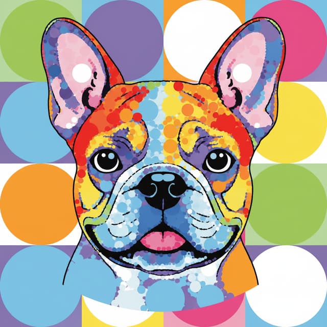 create pop-art image about french bulldog made from circles, each circle should be the same size, circles cant overlap, it should contain 10 colours: red, orange, yellow, lightblue, grey, white, black, purple, pink, green only use these plain colours no other shades etc allowed, use approximatly 3800 circles to create the image