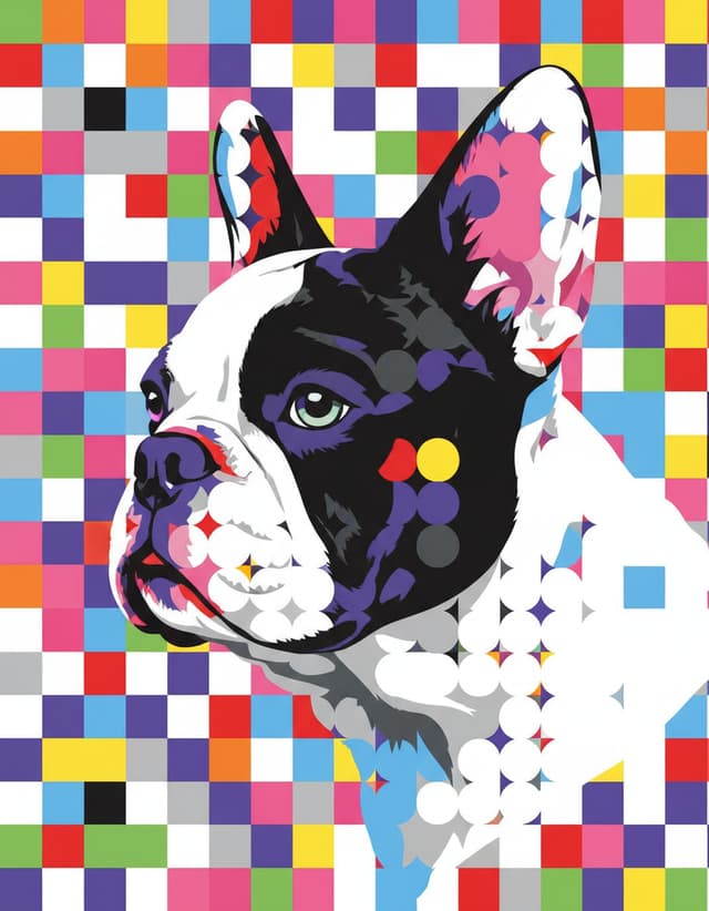 create pop-art image about french bulldog made from circles, each circle should be the same size, circles cant overlap, it should contain 10 colours: red, orange, yellow, lightblue, grey, white, black, purple, pink, green only use these plain colours no other shades etc allowed, use approximatly 3800 circles to create the image, circles in diagonal pattern, no circles should overlap, all circle must be seen fully