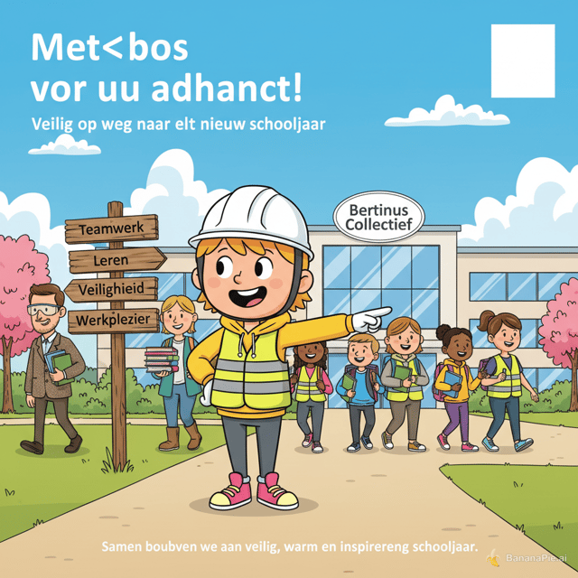 Plain Text
1
Warm, humorous and professional cartoon illustration for the final slide of a school staff presentation.
2
 
3
Large title:
4
"Met dank voor uw aandacht!"
5
 
6
Subtitle:
7
"Veilig op weg naar een nieuw schooljaar"
8
 
9
Teachers, support staff and students are walking together towards a modern school building at the start of a new school year.
10
 
11
MAIN CHARACTER:
12
PROMINENTLY FEATURE BERTIE IN THE FOREGROUND.
13
 
14
Use the supplied Bertie reference image as the primary visual reference. Preserve the recognizable mascot appearance and proportions.
15
 
16
Bertie must closely match the supplied mascot reference:
17
• large rounded face
18
• short blond-orange hair
19
• yellow hoodie
20
• grey trousers
21
• very thin arms and legs
22
• distinctive pink-and-yellow shoes
23
 
24
Bertie wears:
25
• a white safety helmet
26
• a bright yellow high-visibility safety vest over the hoodie
27
 
28
Bertie stands in the exact centre foreground, slightly ahead of everyone else, clearly pointing towards the school building.
29
 
30
Bertie is the guide and leader of the group and symbolizes:
31
• safety
32
• prevention
33
• wellbeing
34
• collaboration
35
• support
36
 
37
IMPORTANT COMPOSITION RULES:
38
• Bertie occupies approximately 25% to 30% of the total image height.
39
• Bertie is one of the largest elements in the illustration.
40
• Bertie is fully visible from head to toe.
41
• Bertie immediately attracts attention.
42
• Bertie must NOT appear in the background.
43
• Bertie must NOT be placed at the side of the image.
44
• Bertie must NOT be a secondary character.
45
• Bertie is the visual focal point.
46
• The viewer's eye should immediately be drawn to Bertie before any other element.
47
 
48
Following Bertie are teachers, support staff and students walking together towards the school.
49
 
50
Safety references:
51
• one teacher wears safety glasses
52
• one technical staff member wears visible safety shoes
53
• one staff member wears a fluorescent safety vest
54
• students carry school bags, books and laptops
55
• one teacher carries a coffee mug
56
 
57
Three wooden signposts are placed along the path.
58
 
59
Signpost 1:
60
• Teamwerk
61
• Leren
62
• Veiligheid
63
• Werkplezier
64
 
65
Signpost 2:
66
• BCPOP
67
• De Ast
68
• DKW
69
• LMC
70
 
71
Signpost 3:
72
• CPBW
73
• IDPBW
74
• Vertrouwenspersoon
75
• Nazorgteam
76
• Liantis
77
 
78
The signposts symbolize collaboration, prevention, wellbeing, support and safety within the school community.
79
 
80
The school building contains a subtle but readable reference to:
81
 
82
"Bertinus Collectief"
83
 
84
IMPORTANT:
85
Do not display the words "Bertinus College" anywhere in the image.
86
 
87
Any visible school name must read only:
88
 
89
"Bertinus Collectief"
90
 
91
Leave a clean and unobstructed area in the upper right corner for placement of the official Bertinus Collectief logo.
92
 
93
Optional footer text:
94
"Samen bouwen we aan een veilig, warm en inspirerend schooljaar."
95
 
96
Atmosphere:
97
• cheerful
98
• welcoming
99
• inclusive
100
• collegial
101
• optimistic
102
 
103
Themes:
104
• teamwork
105
• safety
106
• prevention
107
• wellbeing
108
• learning
109
• work enjoyment
110
 
111
Style:
112
High-end professional cartoon illustration, vibrant colours, presentation quality, highly detailed but easy to read, warm educational storytelling composition, suitable for teachers, support staff and students, landscape 16:9 format.
113
 
114
IMPORTANT FINAL INSTRUCTION:
115
Bertie is the unmistakable hero of the illustration.
116
Bertie points towards the school and leads the entire school community safely into the new school year.
117
No empty space except for the reserved logo area in the upper right corner.