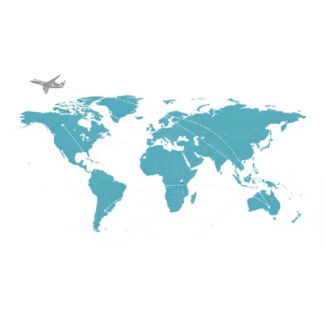 please help to create a world map with white as the background and Teal Blue (PMS 3024C/U) color as the continents, please help to add a private jet flying between the continents with flight routes in white color. please help to add more routes between continents, can even include some super long haul