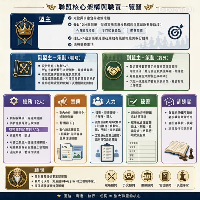 請整理一圖給我,每職位只能有一個icon做代表,不要列出文章沒有的文字和內容。效果請參考第一次的結果。
盟主
- 定位與方向:制定聯盟中長期發展目標(賽季目標、內部文化)
- 每日15分鐘會議:主持三個議程(今日進度檢視、問題升級討論、明天事情)
- 擔任R4之間意見分歧的最終仲裁者,定期每月覆盤整體表現,調整戰略方向
副盟主-策劃(戰略)
- 設計戰略:包括SVS、遠征、聯盟對決等所有比賽活動的打法與資源分配
- 與總務、宣傳配合,確保戰略能落地執行並清楚傳達給各隊員
- 制定英雄培養/升級優先順序建議,賽前戰報分析、賽後覆盤總結
副盟主-策劃(對外)
- 外交事務:與其他盟談判、結盟、處理跨盟衝突
- 情報收集(敵盟戰力、動向),代表盟參與跨服協調
總務(2人)
- 內部協調:處理盟內糾紛、同服搶劫問題、心理輔導
- 可考慮一人主責「日常事務」,如活動提醒、資源安排、是否衝分數等。另一人主責「人際/情緒問題」,衝突調解。
宣傳
- 對內公告:戰略指令、活動通知、規則更新
- 整理常見問題FAQ,製作簡易圖文教學(提升新人/低活躍度盟員理解度)
人力
- 招募、背景審查、R升降、踢人
- 設立明確的升降R標準(如活躍度、貢獻值、戰力門檻),避免爭議,定期評估盟員活躍度,識別潛在流失風險
秘書
- 記錄決定,好讓R4跟進
- 標準化會議記錄範本,例如誰決定、誰執行、期限
訓練官
-負責新人引導、老手戰術訓練,減輕各R4負擔
顧問
- 針對難題提供專業建議
- 顧問可以是「資深退休R4」或「特定領域專家」,如戰略顧問、外交顧問等等