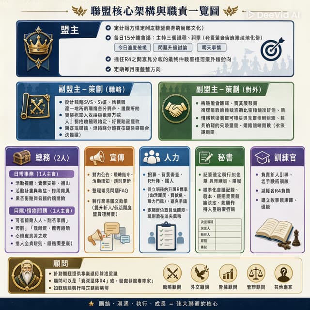 請整理一圖給我,每職位只能有一個icon做代表,不要列出文章沒有的文字和內容。效果請參考第一次的結果。
盟主
- 定位與方向:制定聯盟中長期發展目標(賽季目標、內部文化)
- 每日15分鐘會議:主持三個議程(今日進度檢視、問題升級討論、明天事情)
- 擔任R4之間意見分歧的最終仲裁者,定期每月覆盤整體表現,調整戰略方向
副盟主-策劃(戰略)
- 設計戰略:包括SVS、遠征、聯盟對決等所有比賽活動的打法與資源分配
- 與總務、宣傳配合,確保戰略能落地執行並清楚傳達給各隊員
- 制定英雄培養/升級優先順序建議,賽前戰報分析、賽後覆盤總結
副盟主-策劃(對外)
- 外交事務:與其他盟談判、結盟、處理跨盟衝突
- 情報收集(敵盟戰力、動向),代表盟參與跨服協調
總務(2人)
- 內部協調:處理盟內糾紛、同服搶劫問題、心理輔導
- 可考慮一人主責「日常事務」,如活動提醒、資源安排、是否衝分數等。另一人主責「人際/情緒問題」,衝突調解。
宣傳
- 對內公告:戰略指令、活動通知、規則更新
- 整理常見問題FAQ,製作簡易圖文教學(提升新人/低活躍度盟員理解度)
人力
- 招募、背景審查、R升降、踢人
- 設立明確的升降R標準(如活躍度、貢獻值、戰力門檻),避免爭議,定期評估盟員活躍度,識別潛在流失風險
秘書
- 記錄決定,好讓R4跟進
- 標準化會議記錄範本,例如誰決定、誰執行、期限
訓練官
-負責新人引導、老手戰術訓練,減輕各R4負擔
顧問
- 針對難題提供專業建議
- 顧問可以是「資深退休R4」或「特定領域專家」,如戰略顧問、外交顧問等等