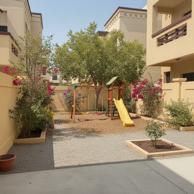 Keep the wall color and design a backyard with kids playground and a few spots to plant trees and flowers