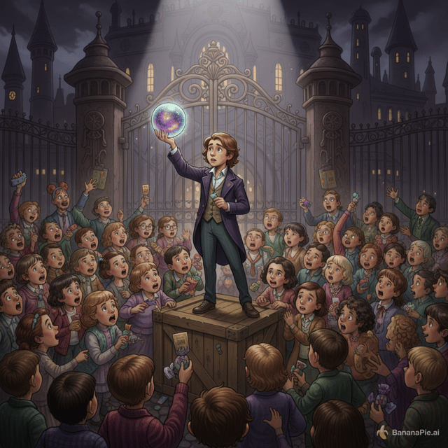 A whimsical, fantastical digital painting in the style of Charlie and the Chocolate Factory. An Oompa-Loompa stands on a crate outside the gates of a grand, eccentric chocolate factory, holding up a single, glowing, iridescent sphere candy called "Glimmer-Goo Orb." A massive, desperate crowd of children and adults is pushing and clamoring around the Oompa-Loompa, with some offering items like golden tickets and candy bars in exchange for the orb. The lighting is dramatic, with a spotlight on the orb and the Oompa-Loompa, contrasting with the muted factory in the background. High detail, vibrant colors for the crowd, subdued tones for the factory.
make it look more like the image and have those points in it and also make a 17 year old kid holding the object
have the words make sense and in english